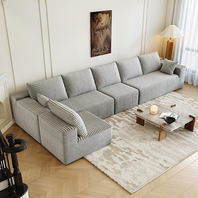 139.4" Modular Sectional Sofa, U-Shaped Minimalist Couches with 2 Middle Seats, Modern Deep Seat Convertible Sleeper Sofa Bed,Cloud Plush Corduroy Fabric, No Assembly Required, 6 Seater, Grey