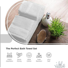 100% Combed Cotton Bathroom Towel Set of 8- 2 Bath Towels, 2 Hand Towels, 4 Wash Cloths, Sustainable, Soft, Highly Absorbent 8 Piece Cotton Bath Towel Set Ideal for Hotels, Spa, Bathroom, Dorm, White