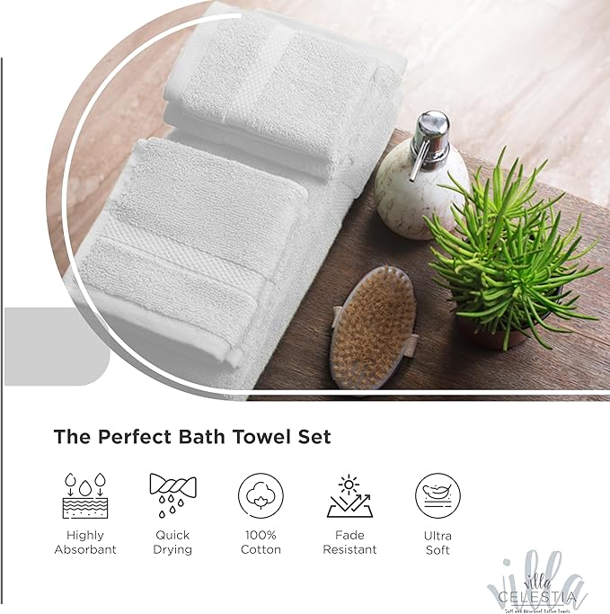 100% Cotton Bath Towel Set of 24-6 Bath Towels, 6 Hand Towels, 12 Wash Cloths, Sustainable, Soft, Highly Absorbent, Combed Cotton 24 Piece Set for Hotels, Spa, Bathroom, Dorm, White