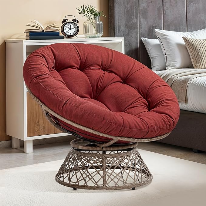 Bme 40" Ergonomic Wicker Papasan Chair with Soft Thick Density Fabric Cushion, High Capacity Steel Frame, 360 Degree Swivel for Living, Bedroom, Reading Room, Lounge, Cherry Sangria-Brown Base
