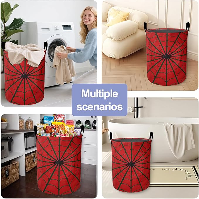 Red Spider Web Laundry Basket-Large Foldable Hamper Holder Portable Tall Collapsible Laundry Hamper Storage Basket Bin with Handles, Canvas & Waterproof lining for Household Items