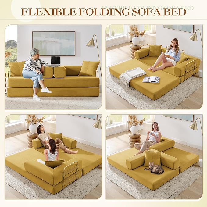 Antetek Convertible Futon Sofa Bed, 3-Seater Modern Corduroy Foam Floor King Size Bed Foldable Sleeper Lounge Loveseat Sofa Couch with 2 Throw Pillows for Living Room Bedroom Guest Room, Yellow
