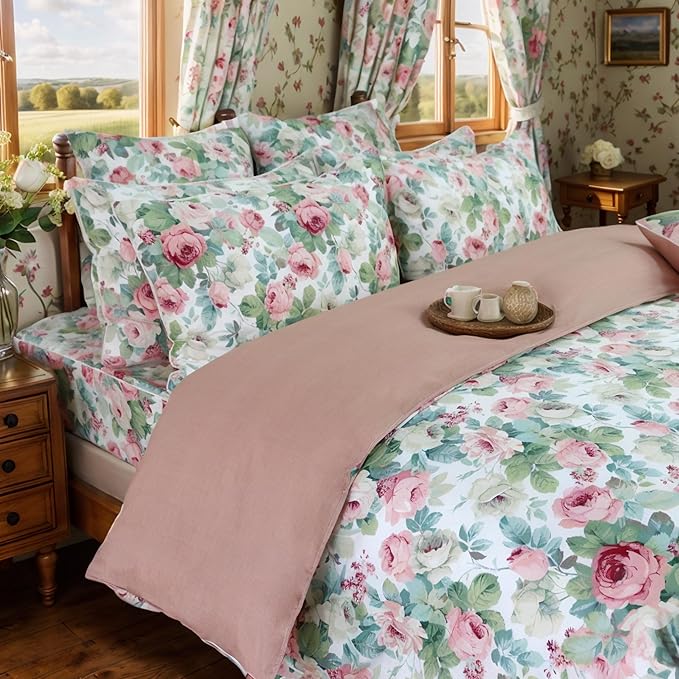 FADFAY Duvet Cover Set Queen Pink Rose Floral Bedding French Country Peony Flower Quilt Cover Set Vintage Farmhouse Bedding 100% Cotton Comforter Cover with Hidden Zipper Closure 3Pcs, Queen Size