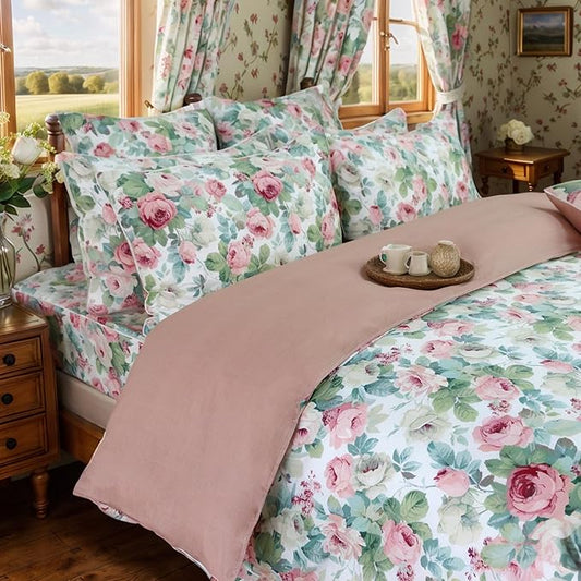 FADFAY Duvet Cover Set Queen Pink Rose Floral Bedding French Country Peony Flower Quilt Cover Set Vintage Farmhouse Bedding 100% Cotton Comforter Cover with Hidden Zipper Closure 3Pcs, Queen Size