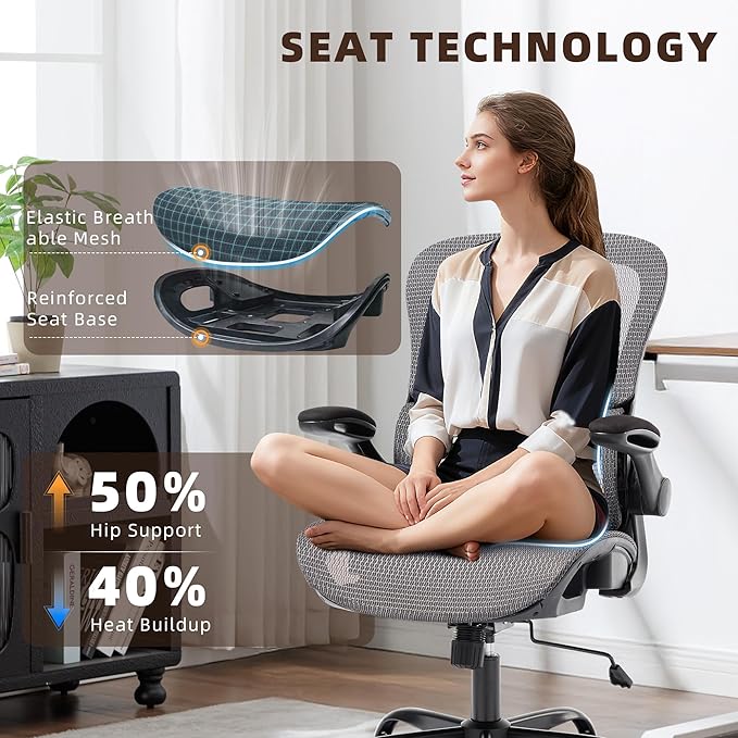 Office Chair, Ergonomic Desk Chair with Adjustable High Back 2D Lumbar Support Flip-up Armrests, Executive Breathable Mesh Comfy Swivel Rolling Computer Task Chair for Home Office Study Work Gaming