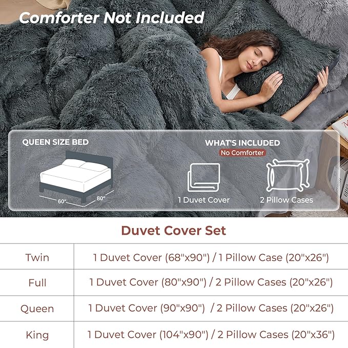 Sasttie 3-Piece Fluffy Duvet Cover Queen, Ultra Soft Faux Fur and Velvet Grey Comforter Cover, Luxury Fuzzy Bedding Sets for Winter Bed, Includes 1 Duvet Cover and 2 Pillowcases, No Comforter