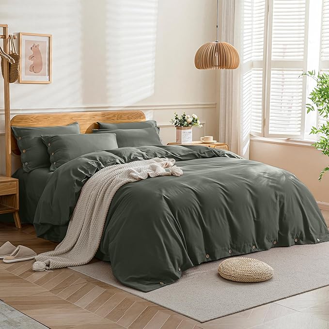 JELLYMONI Cotton Duvet Cover Queen Size - Gray Comforter Cover with Button 100% Washed Cotton 3PCS Breathable Soft Solid Bedding Set Duvet Cover 90×90in & 2 Pillowcases (NO Comforter)