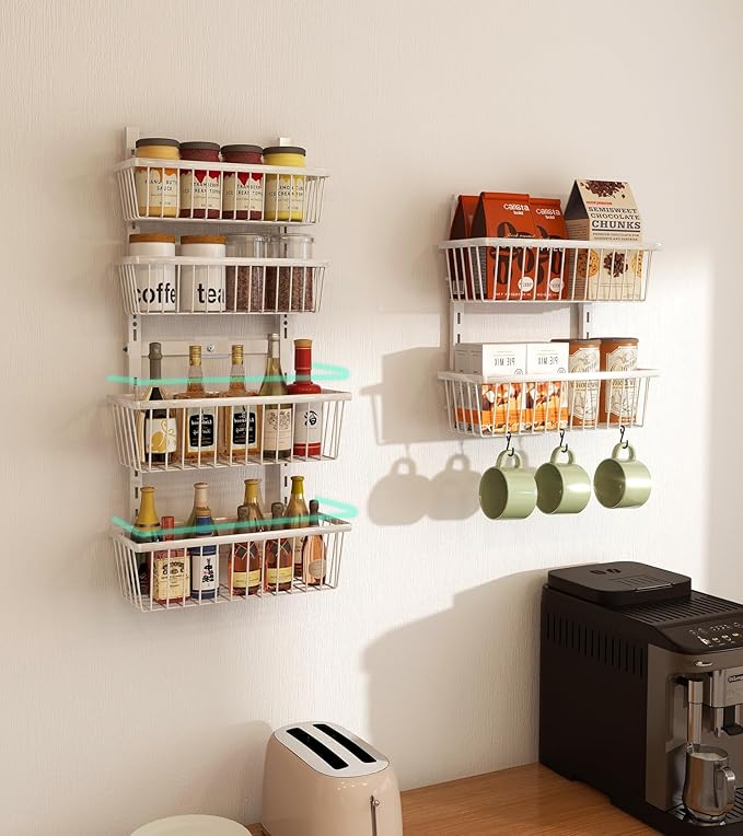 White 12 Inch Wide Narrow Over The Door Pantry Organizer, Pantry Organization and Storage, 8-Tier Metal Hanging Deep Basket Wall Spice Rack Seasoning Shelves, Home & Kitchen Essentials