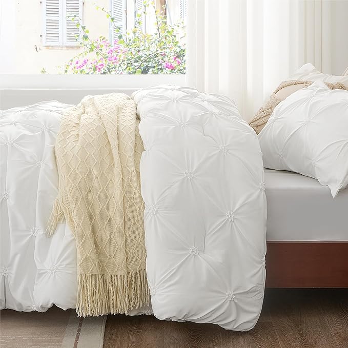 BEDELITE White Queen Comforter Set - 3 Pieces Boho Pintuck Bedding Comforter Sets, Lightweight Soft & Warm Bed Comforter Queen with 2 Pillowcases for All Season