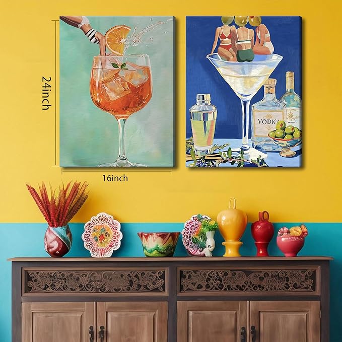Vintage Cocktail Canvas Wall Art Set of 3, Retro Dirty Martini Bar Cart Wall Decor Paintings, Preppy Alcohol Aesthetic Posters Prints Pictures for Bar College Girls Apartment Dorm 12x16 Inch Framed
