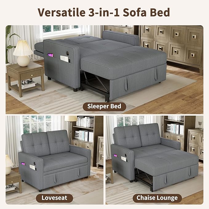 3 in 1 Convertible Sleeper Sofa Bed, Pull Out Couch with Charging Station, Corduroy Small Loveseat Sleeper Sofa with Adjustable Backrest for Apartment, Bedroom, Small Space（Dark Grey）