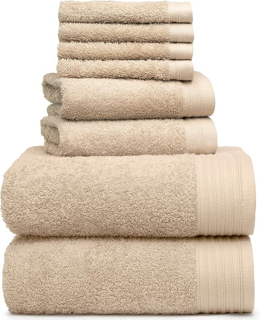 Premium 8 Pieces Towel Set Including 2 Bath Towels 30" x 56", 2 Hand Towels 18" x 30" and 4 Washcloths 13" x 13" - Color: Sand | Pure Cotton |Machine Washable high Absorbency