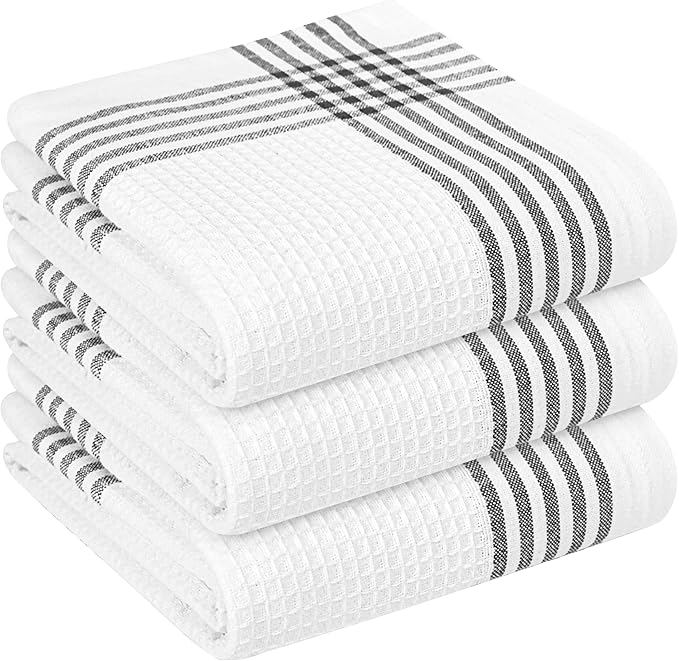 Black and White Kitchen Towels 3 Pack, 16x26 Inch, 100% Cotton Waffle Weave, Super Absorbent, Quick Dry, Reusable Dish Towels for Cleaning, Drying, Cooking, Washing