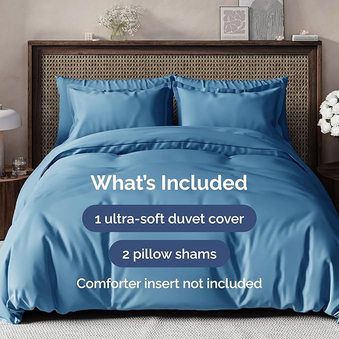 CGK Unlimited Duvet Cover Queen Size Set - Extra Soft Queen Size Duvet Cover 90 x 90 with 2 Pillow Shams - Hotel Quality w/Zipper Closures & Ties - Bedding and Bed Linens Set (Denim Blue)