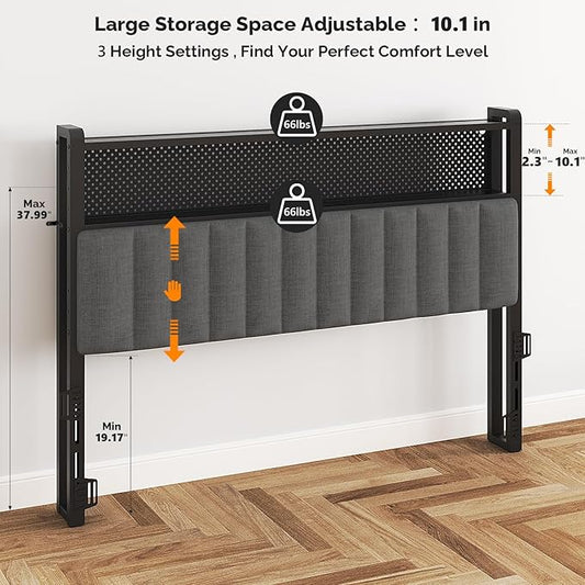 VINGLI Full Size Headboard with 2 Shelves, Adjustable Upholstered Headboard with Pegboard, Charging Stations and LED Lights, Modern Bed Headboard with Storage for Bedroom Decor, Dark Gray