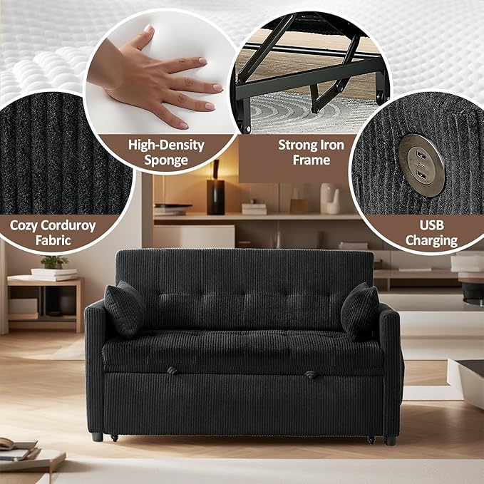 Sofa Bed, Loveseat 3-in-1 Sleeper Sofa with Pull Out Bed, Pockets and USB, Modern 2 Seater Convertible Small Couch for Living Room Bedroom Apartment (Black, Corduroy)