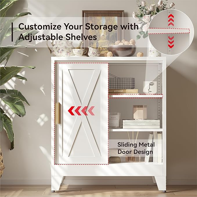 Metal Coffee Bar Cabinet with Storage, Farmhouse Coffee Bar Table with Sliding Barn Door and Adjustable Shelves, Small White Sideboard Cabinets for Kitchen, Entryway, Office