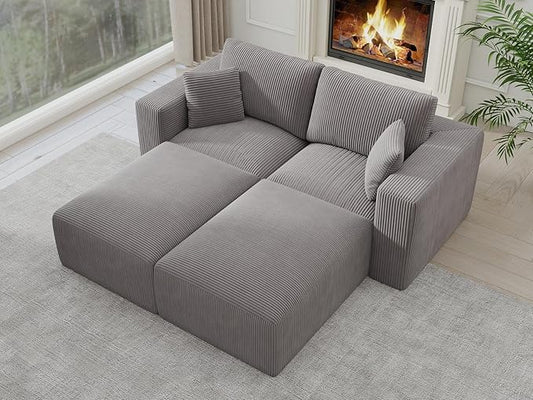 Modular Sleeper Sofa Bed Modern Sectional Couches for Living Room - 79" Boneless Cloud Couch - No Assembly Required Grey Corduroy Convertible Sponge Compression Sofas with Chaise for Home House