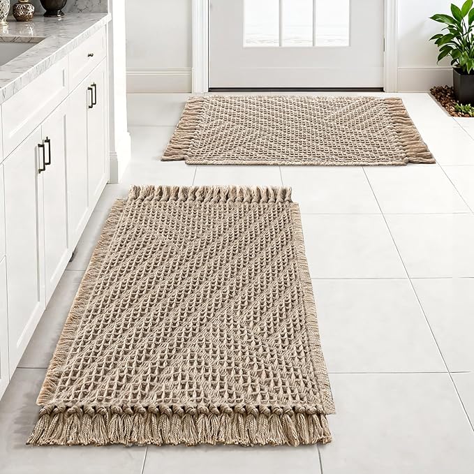 H.VERSAILTEX Waffle Bath Mat Super Absorbent Boho Bath Mat Non Slip Bath Rugs for Bathroom Floor Machine Washable Dry Fast Bathroom Rugs with Tassels (20 x 32 Plus 17 x 24 Inches, Irish Cream)