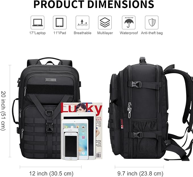WITZMAN Carry On Travel Backpack for Men Large Convertible 45L Fit 17 Inch Laptop Backpack 3 in 1 Bag for Airline Approved(B688 Black)