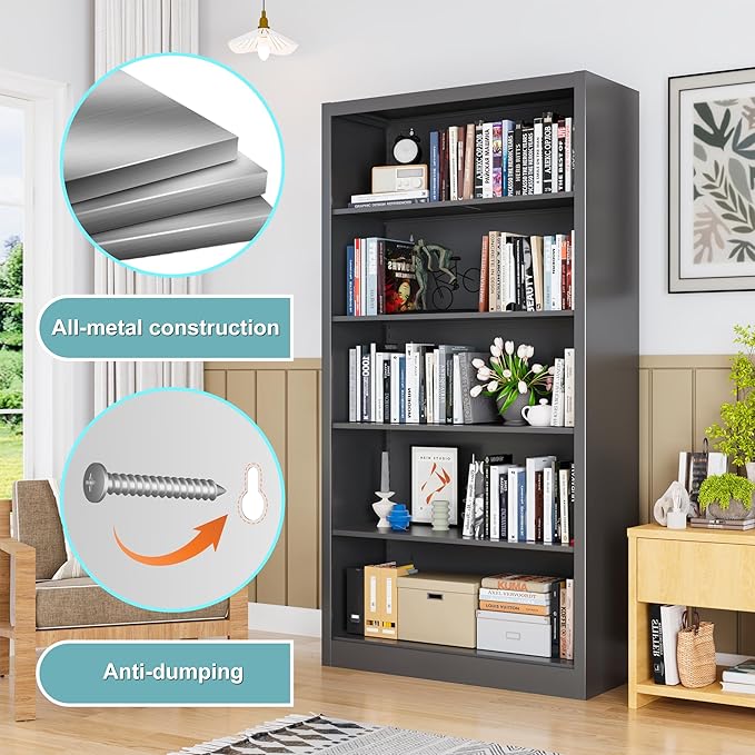Bookcase,5 Tier Black Bookshelves,55" Tall Free Standing Metal Bookcase with Adjustable Storage Shelves, Industrial Wide Bookshelf for Bedroom Living Room Home Office School (Black)