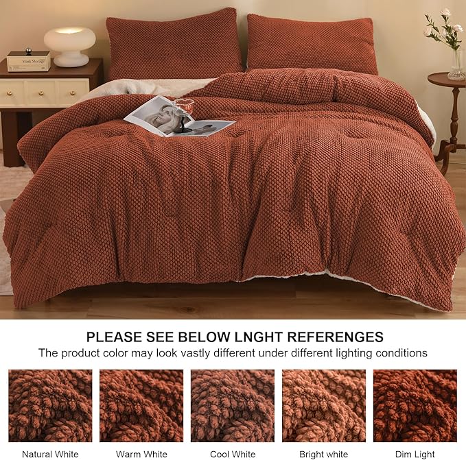 3D Jacquard Design Comforter Set, Ultra-Soft Warm King Size Sherpa Fur Plush 3-Pieces Sets Luxury Cozy Bedding with 2 Pillowcases (104"x90", Burnt Orange)