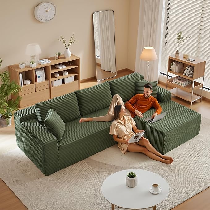 96''Sectional Couches for Living Room,Modern Modular Sectional Sofa,Upholstered Boneless Couch with Pockets,Comfy Cloud Couch with L Shaped Chaise (Green, 105''W Right Facing Chaise)