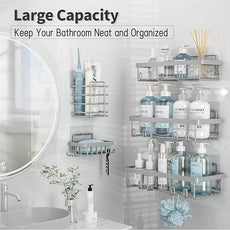 5 Pack Shower Caddy Organizer Rack Shelf for Inside Shower, Self Adhesive Bathroom Wall Storage Basket Rustproof Stainless Steel Large Capacity Shampoo Holder, Grey