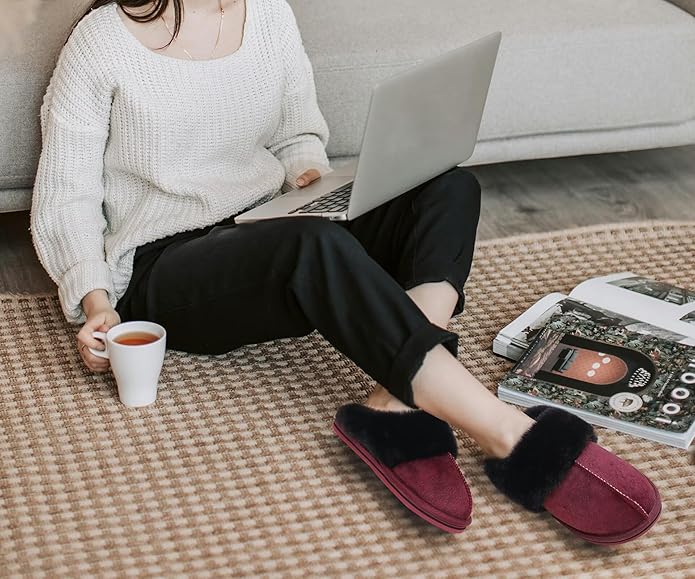 KuaiLu Womens Fluff Dual Memory Foam Slippers Ladies Cozy Arch Support Warm Scuff Slippers Slip on Comfy Winter House Shoes with Non-Slip Indoor Outdoor Hard Sole