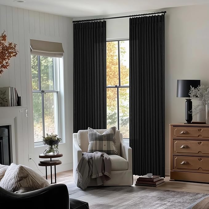 Linen Curtains 108 Inches Long 2 Panels Set for Living Room Farmhouse Boho Linen Textured Pinch Pleated Memory Shape Light Filtering Ceiling Semi Sheer 108 Inch Window Curtain with Hook Rings Black