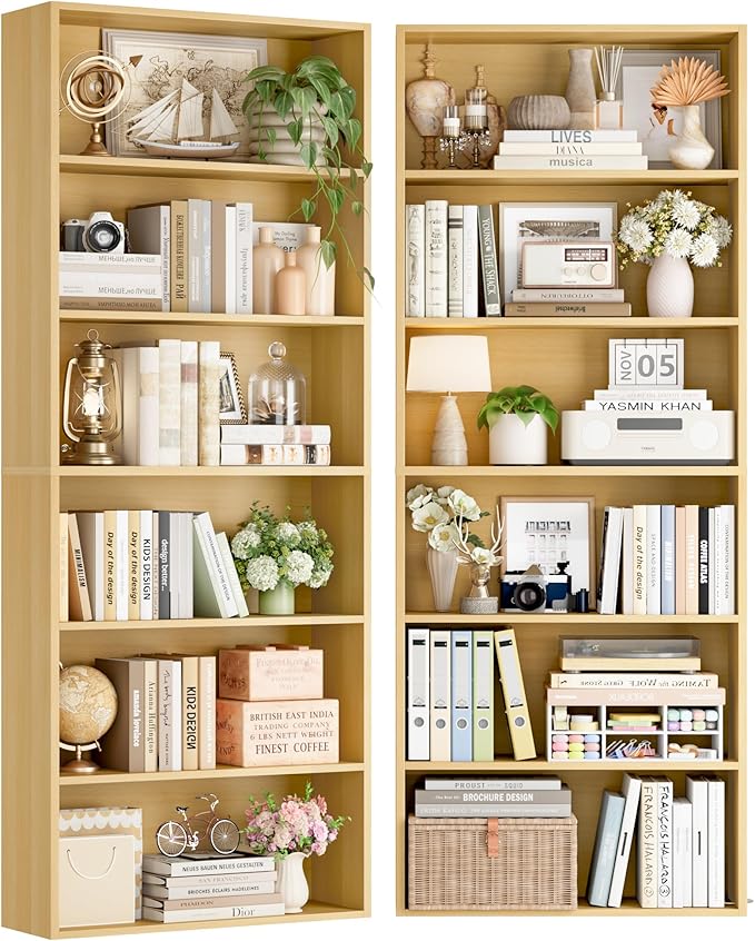 FOTOSOK 6-Tier Open Bookcase and Bookshelf Set of 2, Freestanding Display Storage Shelves Tall Bookcase for Bedroom, Living Room and Office, Natural