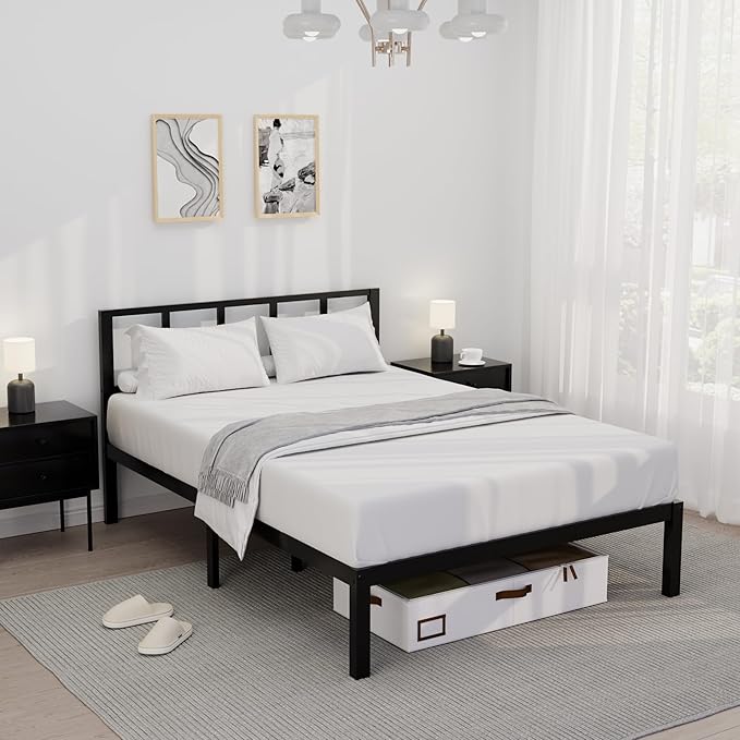 14 Inch Bamboo Bed Frame – Solid Wood Platform Bed Frame, Strong and Stable, with Non-Slip Slats for Support, No Box Spring Needed, Easy to Assemble, Noise-Free (Black, Full with Headboard)