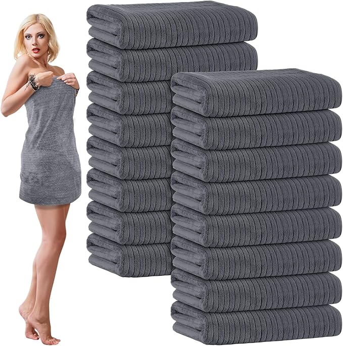 16 Pack Microfiber Bath Towels Bulk 27'' x 60'' Oversized Size Bath Towel Highly Absorbent Extra Large Soft Drying for Shower Beach Winter Salon Sport Gym Party (Stripe,Dark Grey)