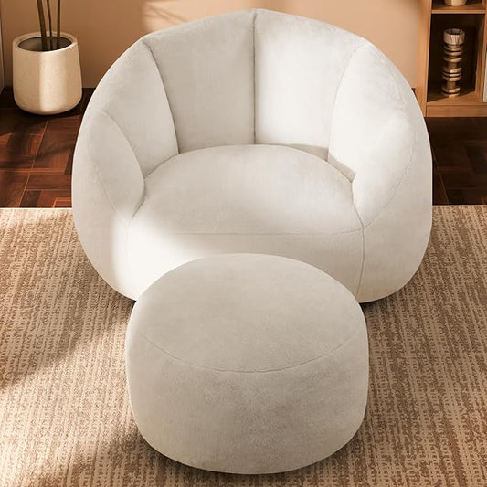 Giant Bean Bag Chaise Lounge Indoor Chair for Adults with Ottoman - Comfy Plush Round Shell Soft Accent Chair, Oversized Cozy Floor Sofa for Living Room, Bedroom & Game Rooms, Beige