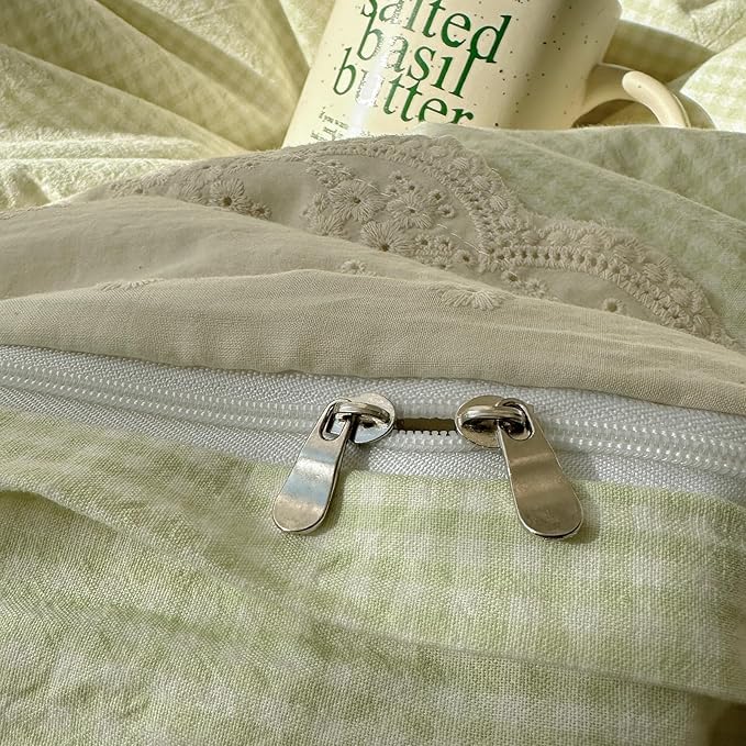 mixinni Green Gingham Duvet Cover King Size - 3 Piece Cottagecore Plaid Bedding Set with Lace Trim, Soft Washed Microfiber Vintage Aesthetic Grid Comforter Cover & Pillow Shams, (Green White Gingham)