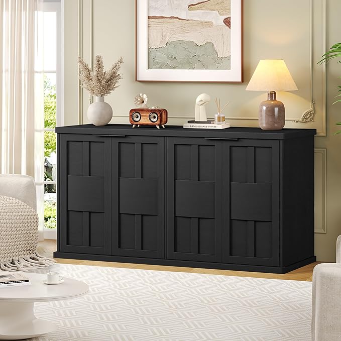 Sideboard Buffet Cabinet with Storage, 60" Modern Farmhouse Accent Cabinet with Geometric Fluted Doors & Magnetic Catch, Wood Coffee/TV Console Table Credenza for Kitchen, Living Room (Black)