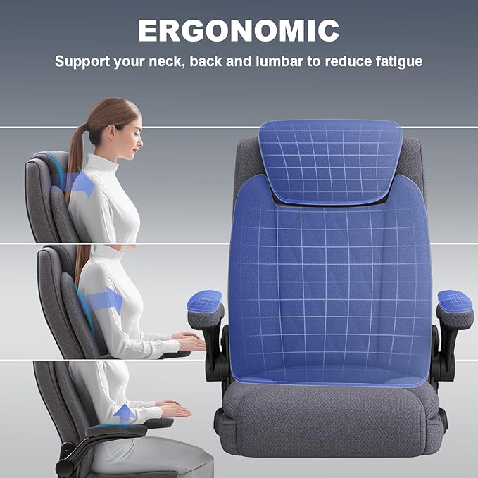 ralex-chair Big and Tall Office Chair -500 lb Heavy Duty Office Chair for Big Man, Fabric High Back Executive Office Desk Chair with 120° Tilt Rock,Computer Desk Chair with flip up arm - Grey