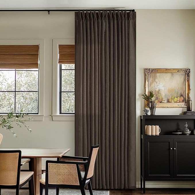 Dark Chocolate Pinch Pleated Linen Curtains 2 Panels for Living Room Bedroom Memory Training Shaped Semi Sheer Pleat Drapes with Hooks Rings Light Filtering Window Curtain 40x90