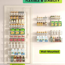 White 9-Tier Over The Door Pantry Organizer, Pantry Organization and Storage, Deep Baskets Hanging Heavy-Duty Metal, Wall Spice Rack Seasoning Shelves for Home & Kitchen, Laundry Room Bathroom