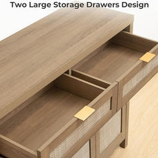 SICOTAS Rattan Sideboard Buffet Cabinet with Storage, Boho Credenza Accent Cabinet with 3 Doors and 2 Drawers, Farmhouse Console Coffee Bar for Kitchen Living Room Entryway, Caramel Oak, 2 PCS