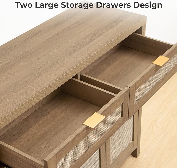 SICOTAS Rattan Sideboard Buffet Cabinet with Storage, Boho Credenza Accent Cabinet with 3 Doors and 2 Drawers, Farmhouse Console Coffee Bar for Kitchen Living Room Entryway, Caramel Oak, 2 PCS