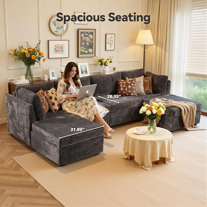 Large 6 Seat Modular Sectional Sofa with Ottoman Seat Corduroy Sleeper Sectional Sofa Bed Oversized Convertible Modular Couch for Living Room