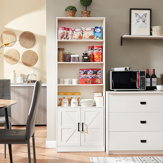 70in Tall Bookshelf 6 Tier Bookcase with Barn Doors and Adjustable Shelf, White Farmhouse Book Shelves with Storage Cabinet