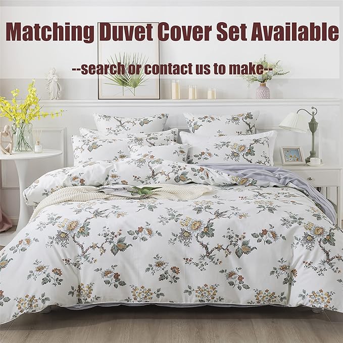 FADFAY Elegant Floral Bed Sheet Set - Cal King Size, Shabby Beige Bird Print, 100% Cotton Soft Bedding with Deep Pocket Fitted Sheet, 4Pcs
