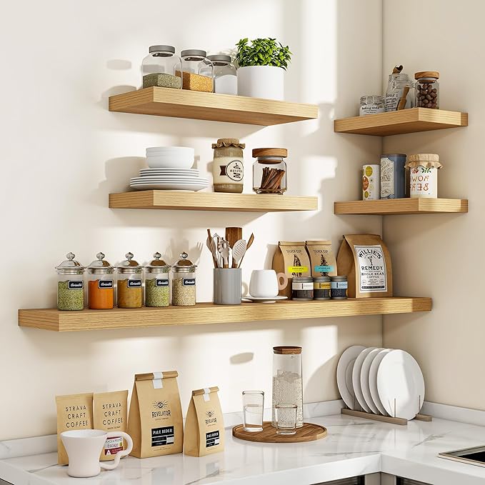 72 Inch Floating Shelves, 3D Textured Wood Grain, 72"x9.25"x1.5" Inch Deep Floating Shelves for Wall, Wooden Shelves for Bathroom, Bedroom, Living Room, Natural, 1 Piece