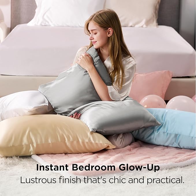 Bedsure Satin Pillowcases, Similar to Silk Pillow Cases Queen Size Set of 2, Cooling Pillow Case for Sleeping Women with Envelope Closure, Gifts for Women Men, Beige, 20x30 Inches, 2pcs