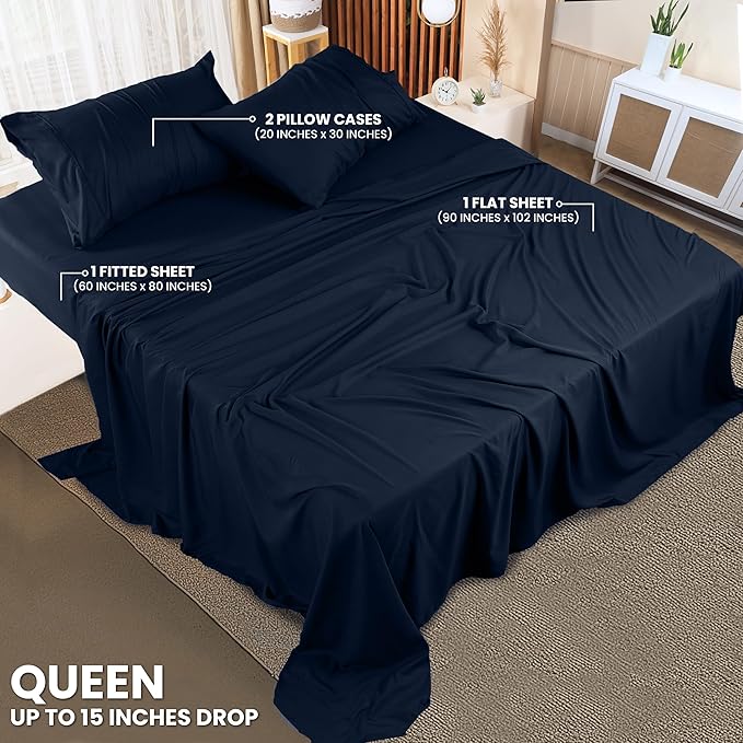 Utopia Bedding Queen Sheet Set – 4 Piece Bed Sheets for Queen Size Bed, Soft and Breathable Microfiber, Includes 1 Fitted Sheet, 1 Flat Sheet and 2 Pillowcases (Navy Blue)