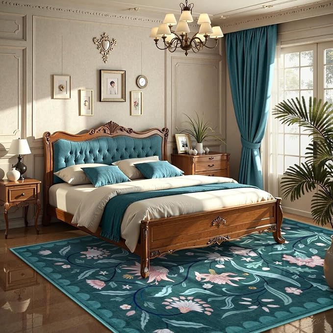 Lahome Boho Floral Washable Dark Teal 5x7 Area Rugs for Living Room, Non Slip Rugs for Bedroom, Indoor Ultra-Thin Throw Dining Room Carpet for Under Table Entryway Kitchen Dorm(Dark Teal,5x7)
