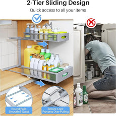 Under Sink Organizer, 2 Pack 2 Tier Pull Out Under Cabinet Organizer Shelf with Pad for Framed Cabinets, Metal Slide Out Under Sink Storage, Mesh Sliding Drawers for Kitchen Bathroom Laundry, Grey