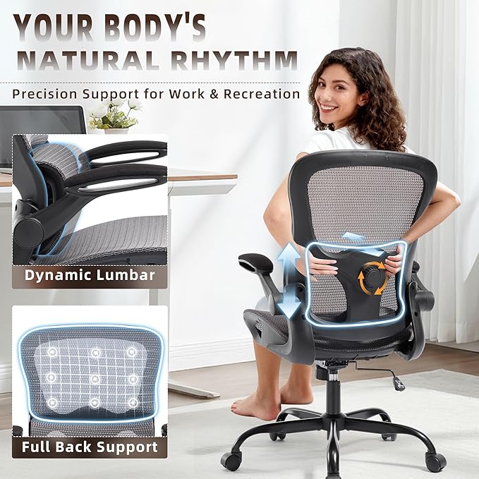 Office Chair, Ergonomic Desk Chair with Adjustable High Back 2D Lumbar Support Flip-up Armrests, Executive Breathable Mesh Comfy Swivel Rolling Computer Task Chair for Home Office Study Work Gaming